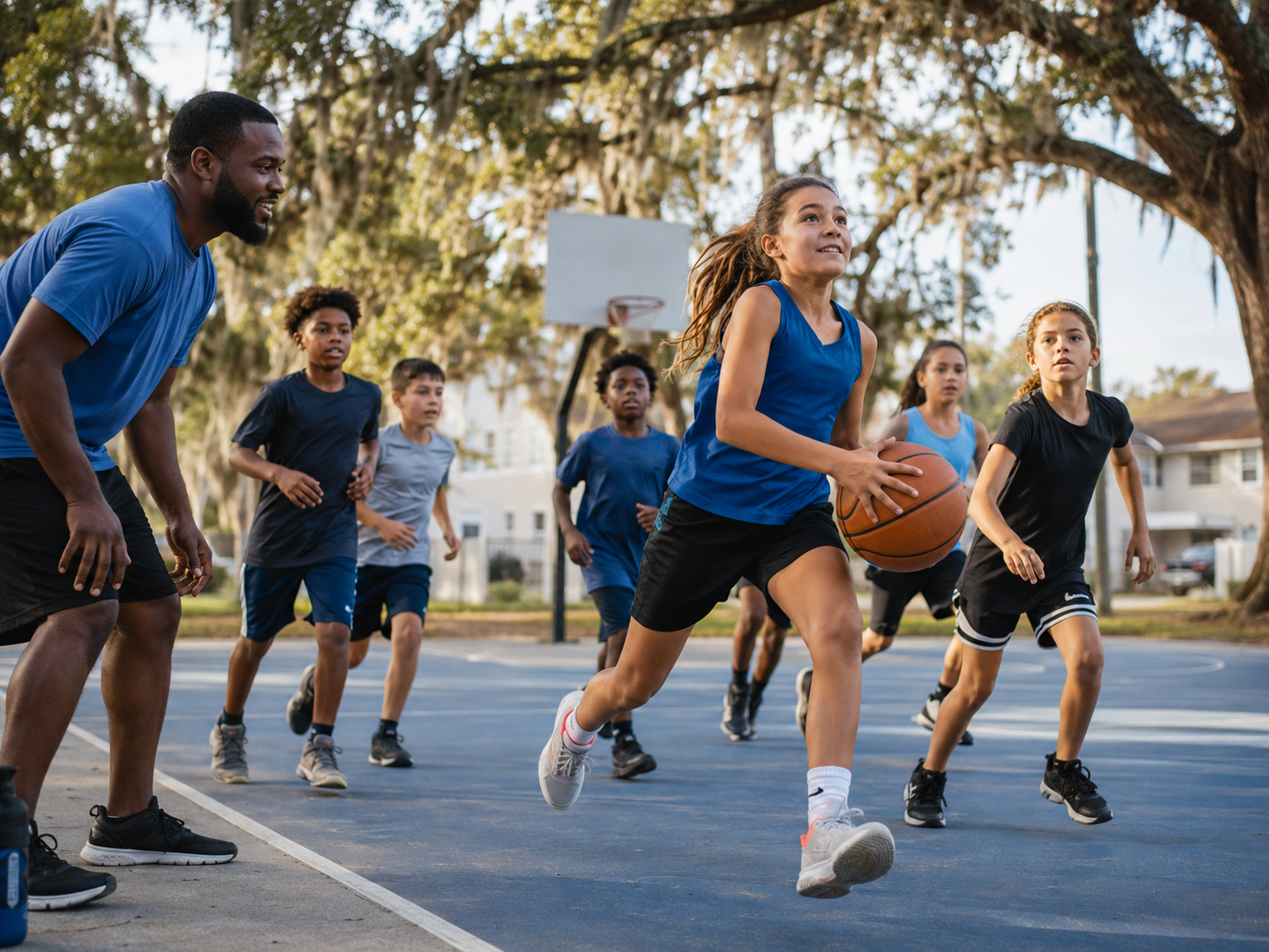 Youth playing basketball with an NMB coach
